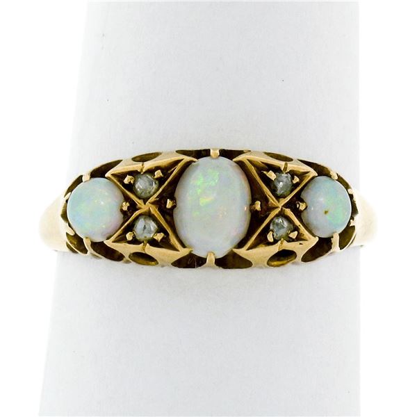 Antique Victorian 18K Yellow Gold Round & Oval Cabochon Opal Diamond Band Ring