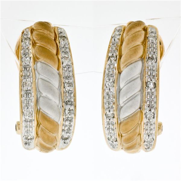 14K TT Gold Dual Row Pave Diamond & Ribbed Matte Finished Center Huggie Earrings