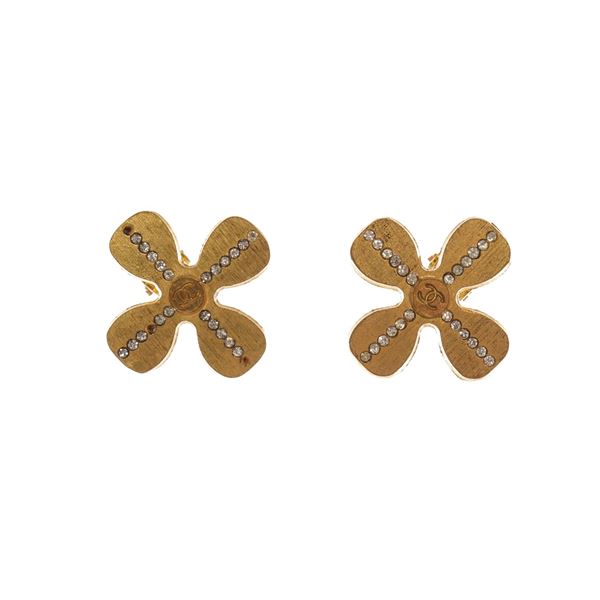 Chanel Gold Camelia Rhinestones Earrings