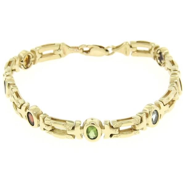 14K Yellow Gold 7" Fancy Link 2.0 ctw Genuine Bezel Oval Multi Gemstone Bracelet