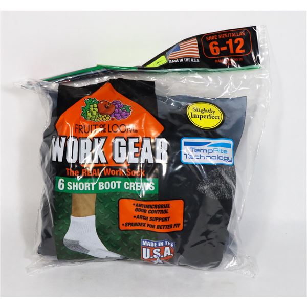 BLACK WORK BOOT SOCKS,6-12,PACK OF 6,FRUIT OF THE