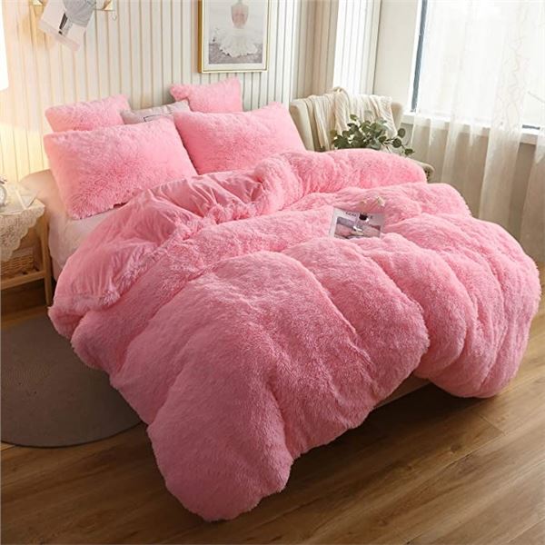 Lot of 1 King Size Fuzzy/Shaggy Duvet Cover - Pink - 104" x 90"