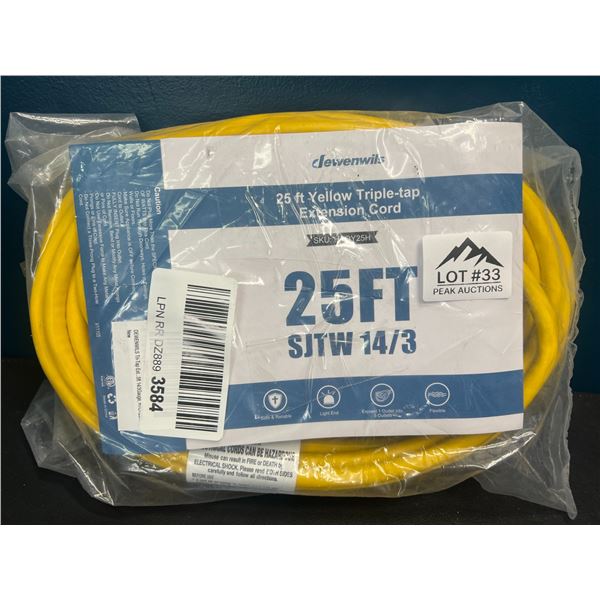 Lot of 1 Yellow Triple-Tap Extension Cord - 25FT