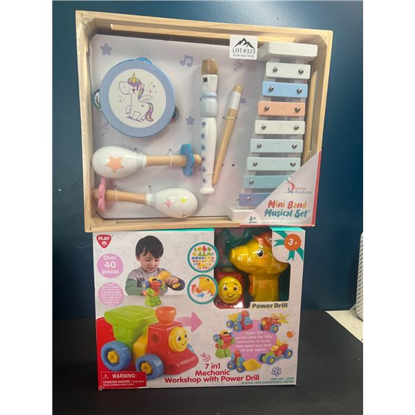 Lot of 2 Kids Toys - 7-in-1 Mechanic Workshop w/ Power Drill Toy Set & Musical Instrument Set
