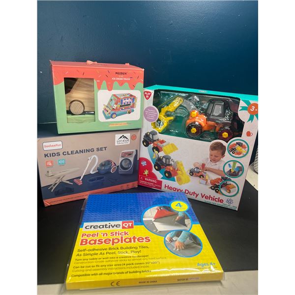 Lot of Assorted Kids Toys - Toy Vehicles, Ice Cream Truck, Lego Mat, and Cleaning Toy Set