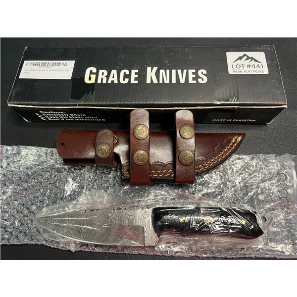 Lot of 1 Grace Knives 8.5" Damascus Steel Hunting Knife w/ Leather Sheath (G-1051 H)