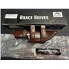 Image 1 : Lot of 1 Grace Knives 8.5" Damascus Steel Hunting Knife w/ Leather Sheath (G-1051 H)