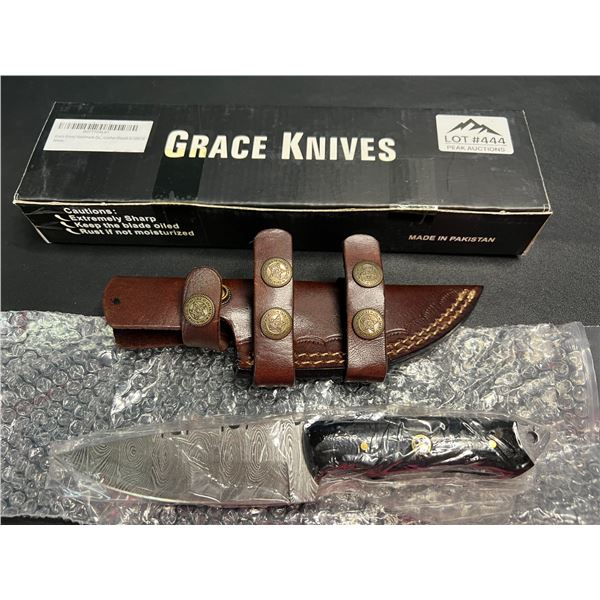 Lot of 1 Grace Knives 8.5" Damascus Steel Hunting Knife w/ Leather Sheath (G-1051 H)
