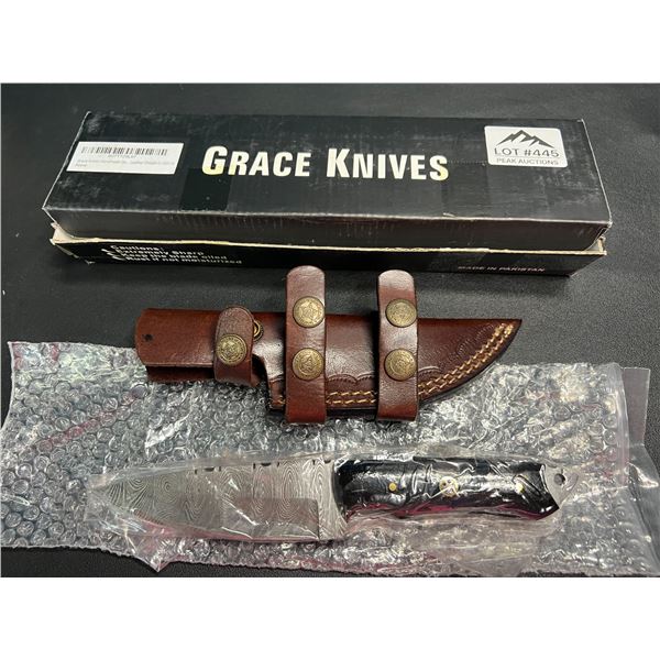 Lot of 1 Grace Knives 8.5" Damascus Steel Hunting Knife w/ Leather Sheath (G-1051 H)