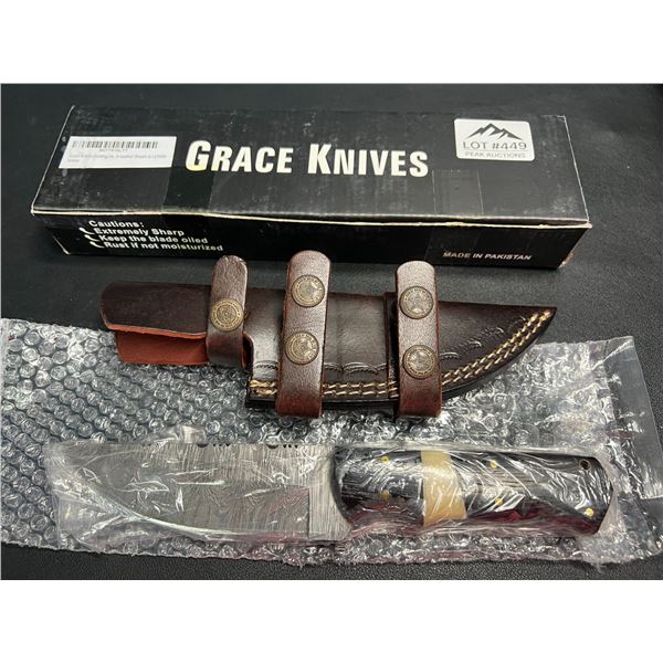 Lot of 1 Grace Knives 9" Damascus Steel Hunting Knife w/ Leather Sheath (G-127 WW)