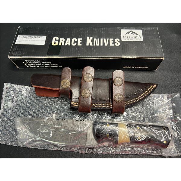 Lot of 1 Grace Knives 9" Damascus Steel Hunting Knife w/ Leather Sheath (G-127 WW)