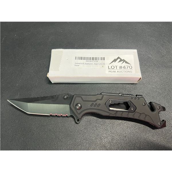 Lot of 1 Tactical/Survival Multifunctional Folding Knife - Black - w/ Rope Cutter/Bottle Opener