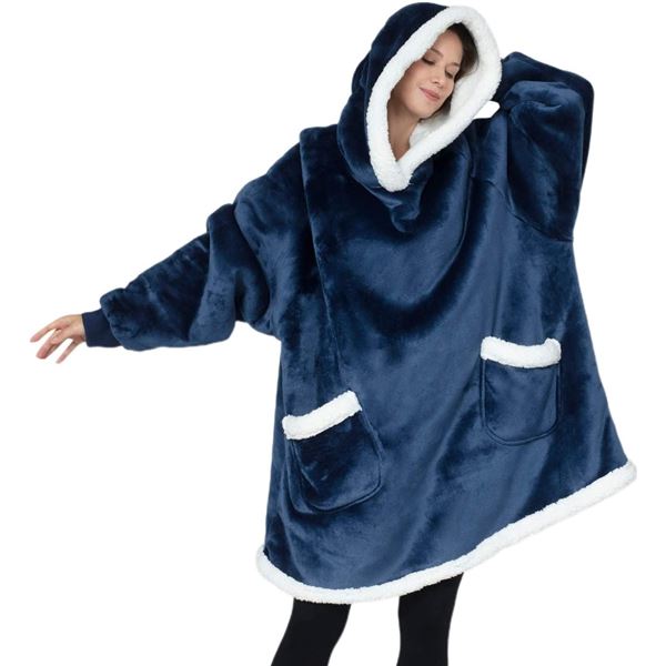 Lot of 1 Over-Sized Wearable Sherpa Hoodie Blanket For Adults - Blue