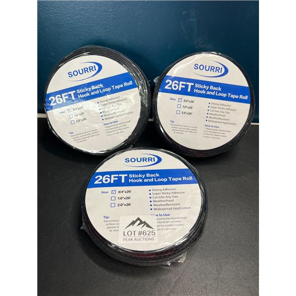 Lot of 3 Sticky Back Hook & Loop Tape Rolls - 26FT each