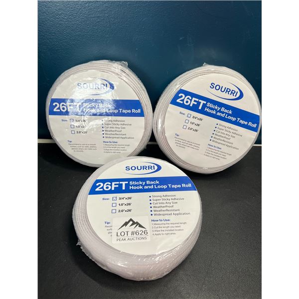 Lot of 3 Sticky Back Hook & Loop Tape Rolls - 26FT each