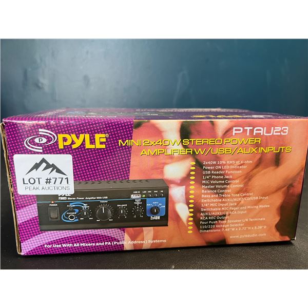 Lot of 1 PYLE Mini 2x40W Stereo Power Amplifier w/ USB/ Aux Inputs
