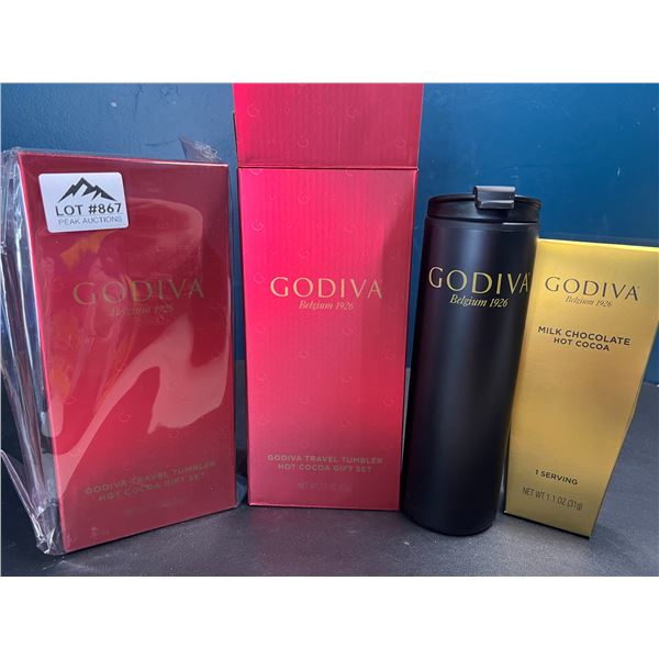 Lot of 2 Godiva Travel Tumbler Mug & Hot Cocoa Gift Sets