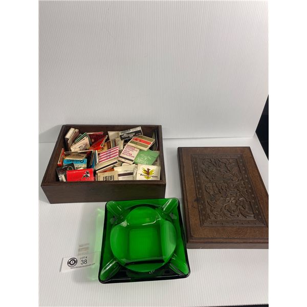 Vintage Dovetailed Wood Box w/Carved Lid Filled w/Advertising Matchbook Collection & Mid-Century Gre