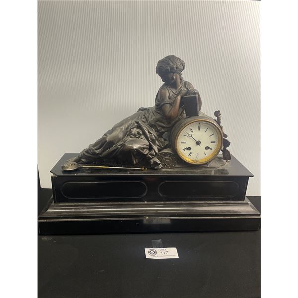 Vintage Bronze Metal & Stone Figural Mantel Clock. Heavy. As Found. Approx. 14" Tall. Approx. 19"x6"