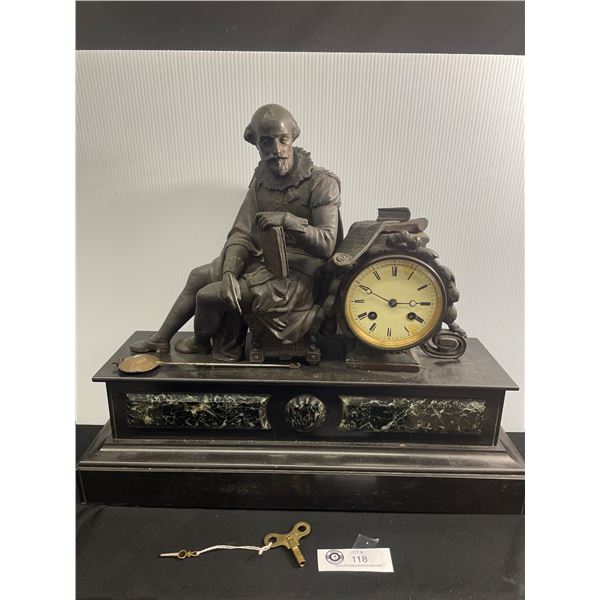 Vintage Bronze Metal & Stone Figural Mantel Clock. Heavy. As Found. Approx. 16" Tall. Approx. 19"x6"