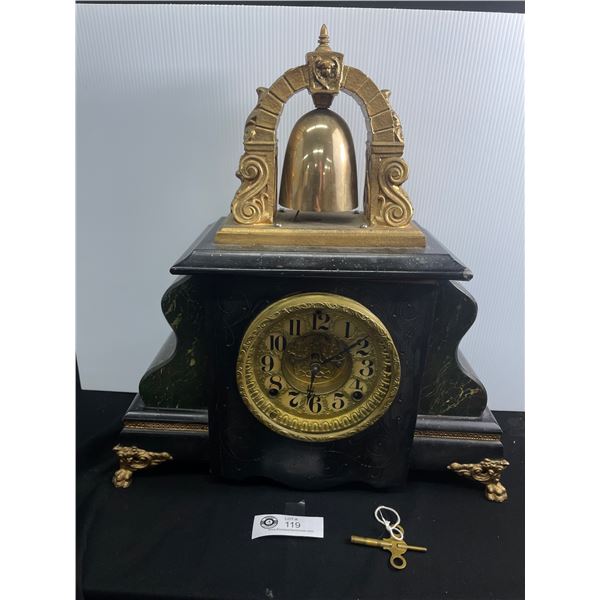 Vintage Very Ornate Wood & Brass Mantel Clock. As Found. Approx. 17 1/2" Tall, Base Approx. 15 1/2" 