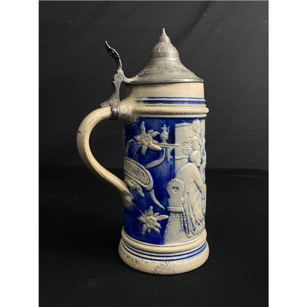 Very Old German Ceramic Stein Or Tankard w/Original Pewter Lid