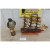 Image 1 : Wooden Sailboat Mounted on Wood + Plastic Owl Piggy Bank