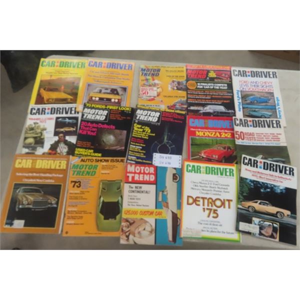 15 Assorted Car Magazines ; Car + Driver, Motortrend, - Mostly 1970's 