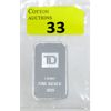 Image 1 : 1 Oz .999  Silver TD Bank Investor Bar 