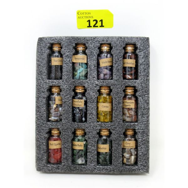 12 Collector Bottles Filled with Various Genuine Gemstones