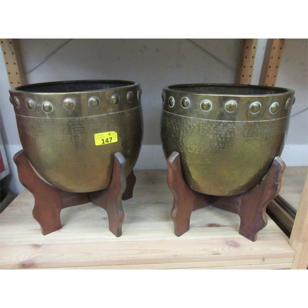 2 Hammered Brass Planters on Wood Stands