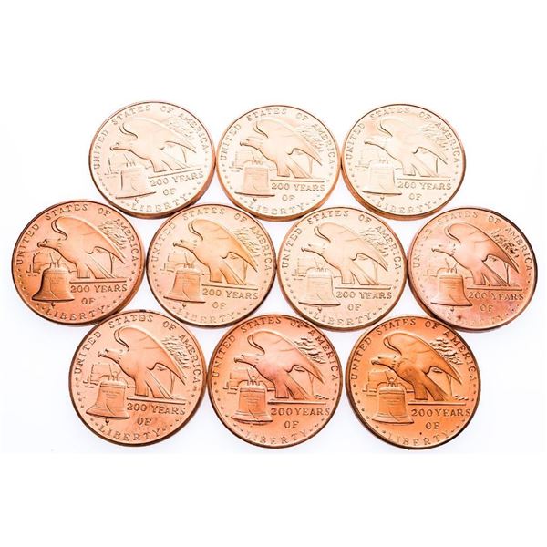 Grouping of Ten USA .999 Fine Pure Copper 1 oz. Rounds