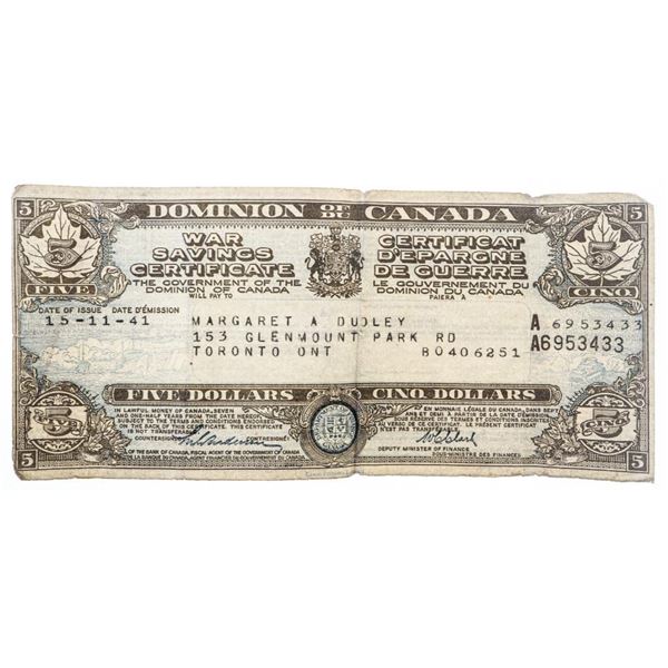 Dominion of Canada -War savings certificate - Dated 15-11-41