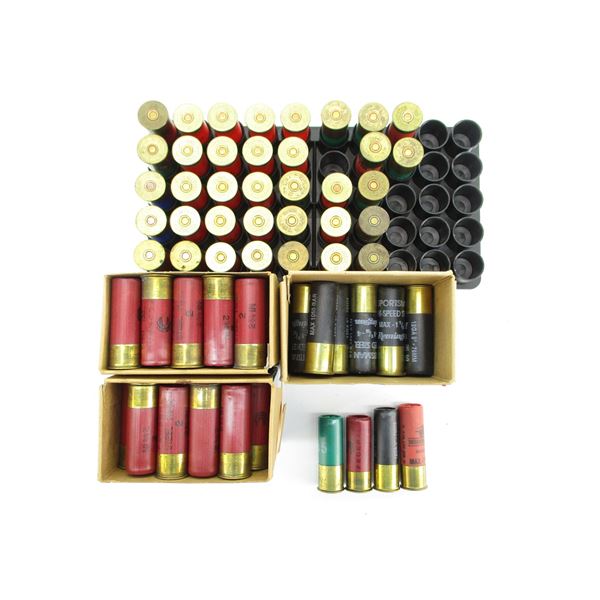 ASSORTED 12 GAUGE SHOT SHELL AND SHOT SHELL TRAY HOLDER LOT