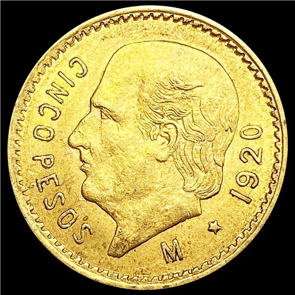 1920 Mexico .1206oz Gold 5 Pesos CLOSELY UNCIRCULA