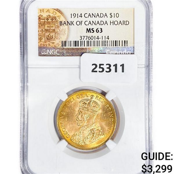 1914 Canada .4838oz Gold $10 NGC MS63 Bank of CA H