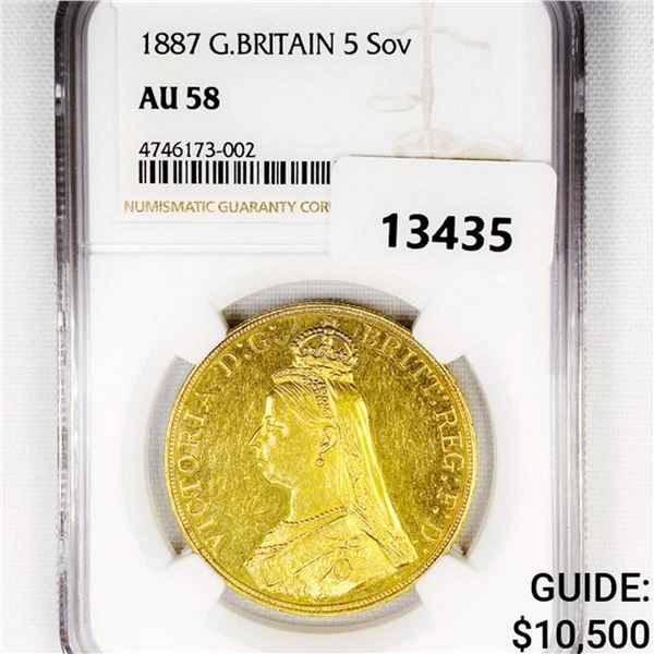 1887 G. Britain Gold 5 Sovereign NGC AU58