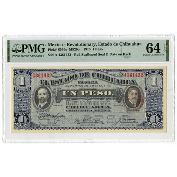 Mexico. Estado de Chihuahua, 1915. 1 Peso, P-S530e, Issued. PMG CH UNC 64 EPQ