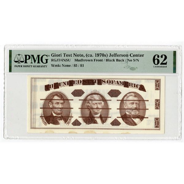 Giori Test Note, Jefferson Center, (ca.1970's), RGJ7/4NSU