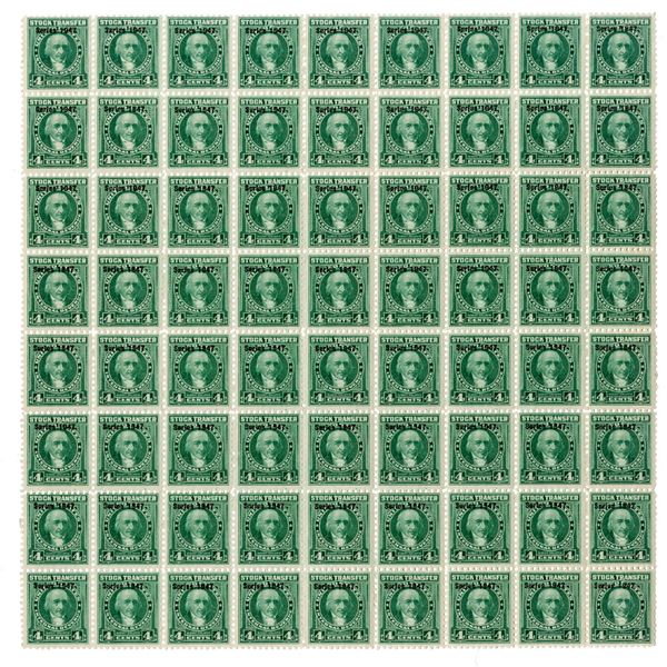 U.S. I.R., Stock Transfer. 4 Cents, Series of 1947, RD237 Sheet of 72 Mint Stamps.