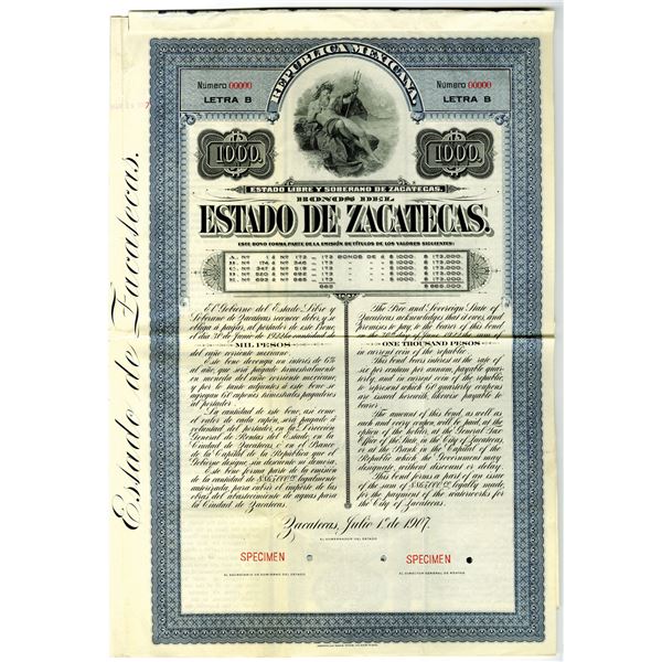 Estado de Zacatecas, 1907 Specimen Bond.