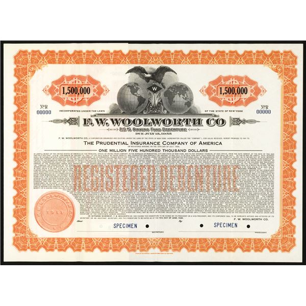 F.W. Woolworth Co., 1940, Rare High Denomination, $1,500,000 Specimen Bond