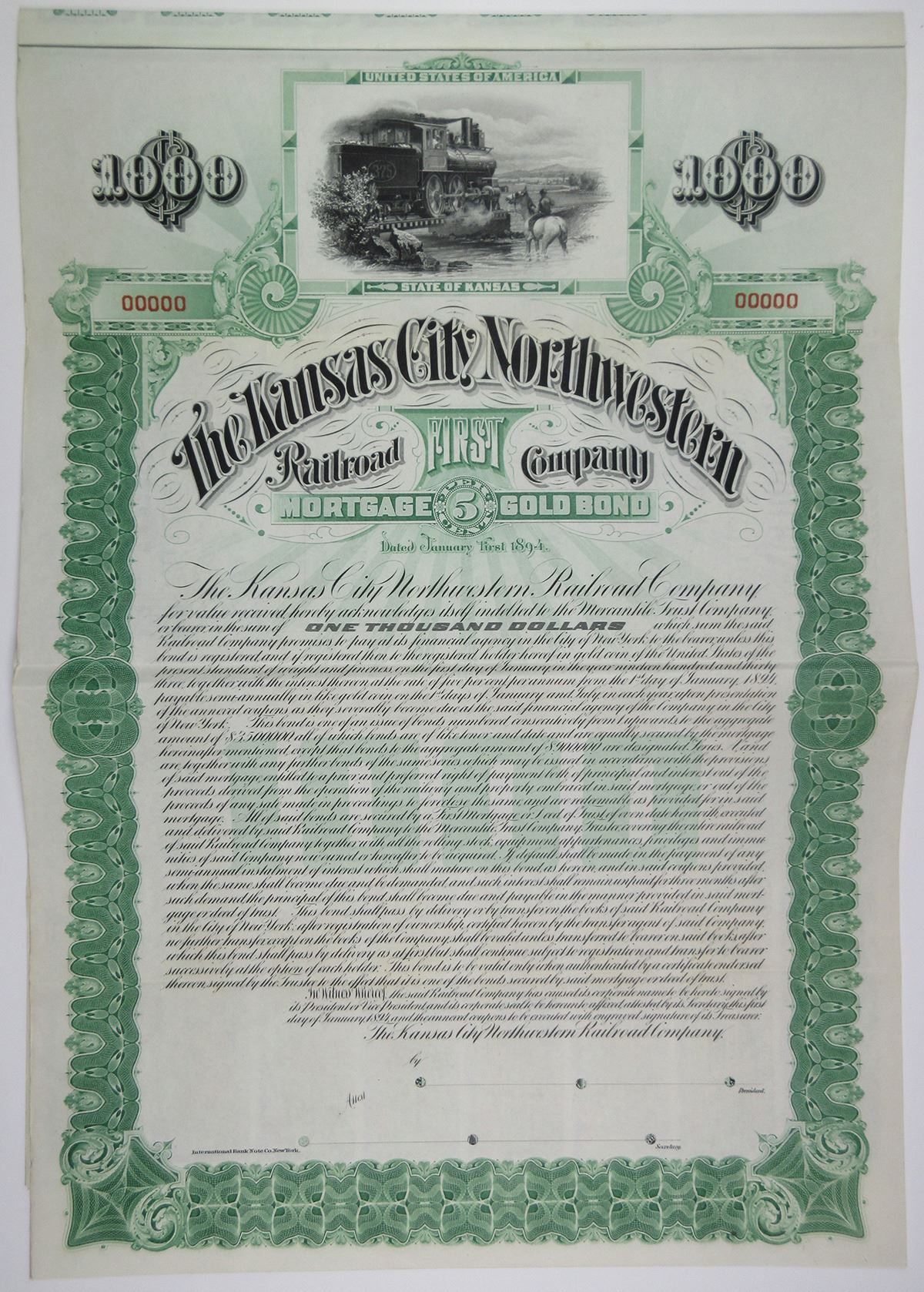Kansas City Northwestern Railroad Co., 1894 Specimen Bond Kansas City Northwestern Railroad Co., 1894 Specimen Bond