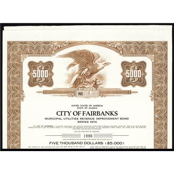 City of Fairbanks, Municipal Utilities Revenue Improvement Bond, Series 1974 Specimen Bond