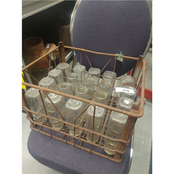 VINTAGE MILK BOTTLE BASKET W/BOTTLES