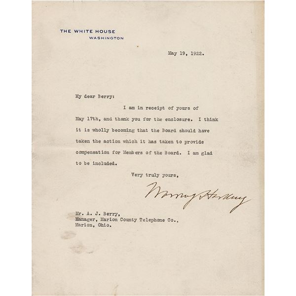 Warren G. Harding Typed Letter Signed as President