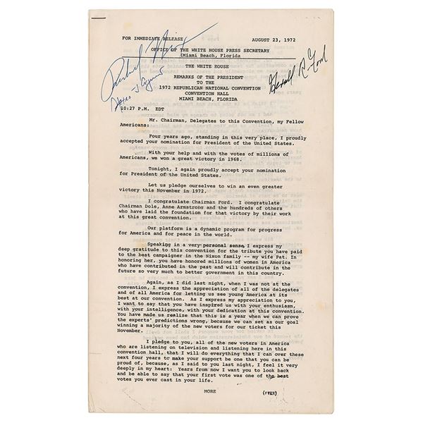 Richard Nixon, Gerald Ford, and Spiro Agnew Signed Press Release