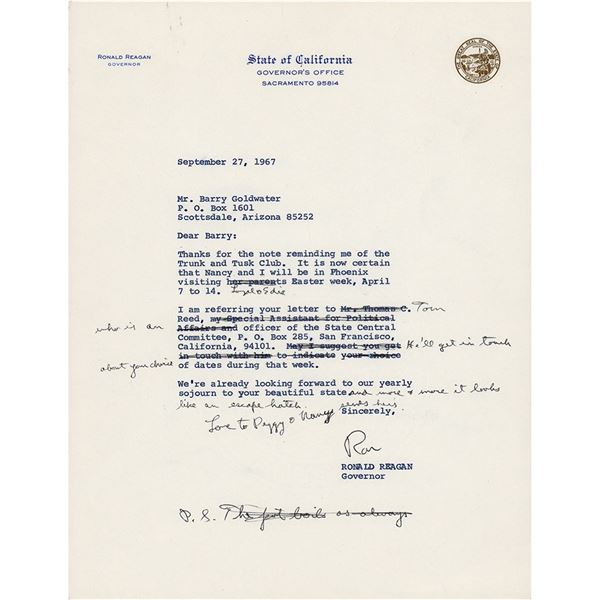 Ronald Reagan Hand-Corrected Typed Letter Signed to Barry Goldwater