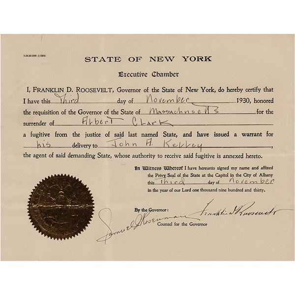 Franklin D. Roosevelt Document Signed as Governor (1930)