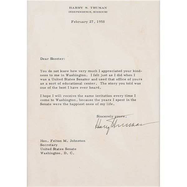 Harry S. Truman Typed Letter Signed on Senate Career